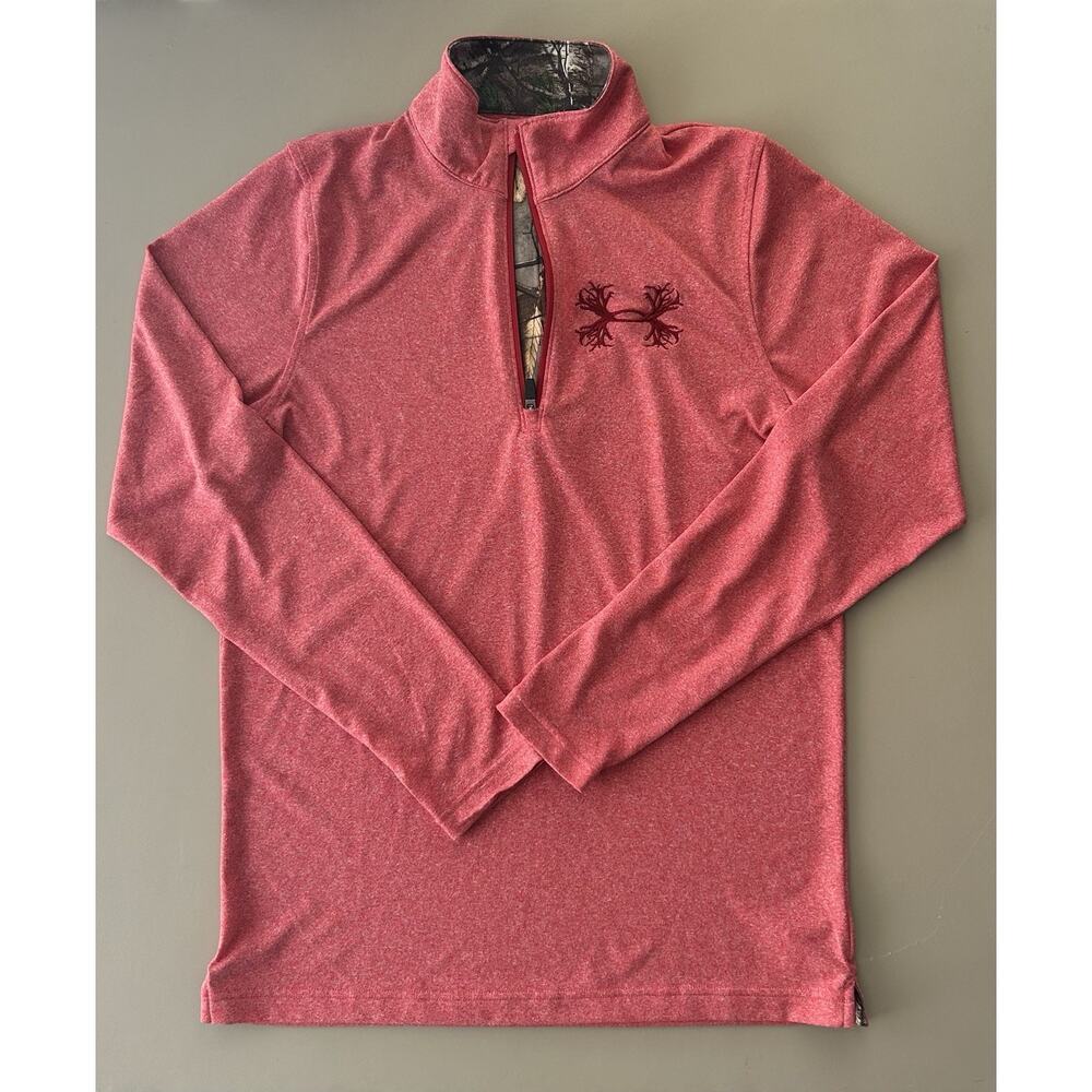 Under Armour Mens Heat Gear Pullover 1/4 Zip Antlers Logo Red with Camo - Small